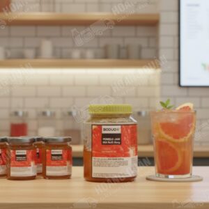 Jars of fruit preserves and drinkMứt boduo bưởi hồng
