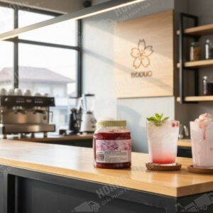 Beverages displayed with cherry blossom themeMứt Boduo Hoa Anh Đào