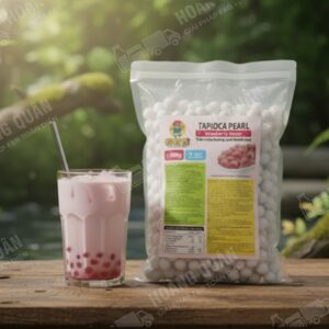 Tapioca pearls and drink on table