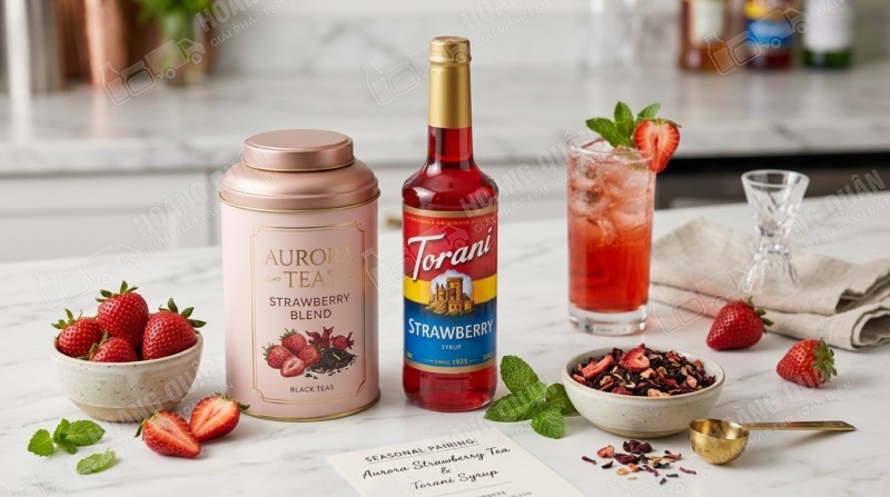 Strawberry tea ingredients and drink.