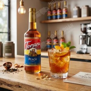 Peach syrup coffee with garnishes.