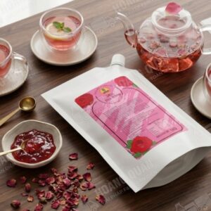Rose-flavored drink ingredients and presentationMứt Hoa Hồng Gấu Lermao