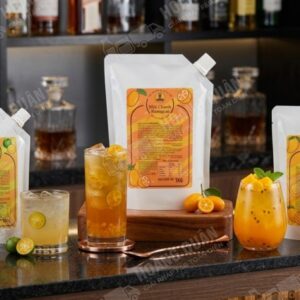 Citrus drink with packaging on counter