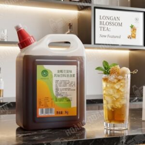 Bottle of syrup next to drink