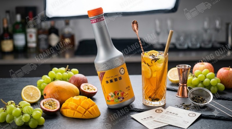 Fruit syrup with drinks and fruits