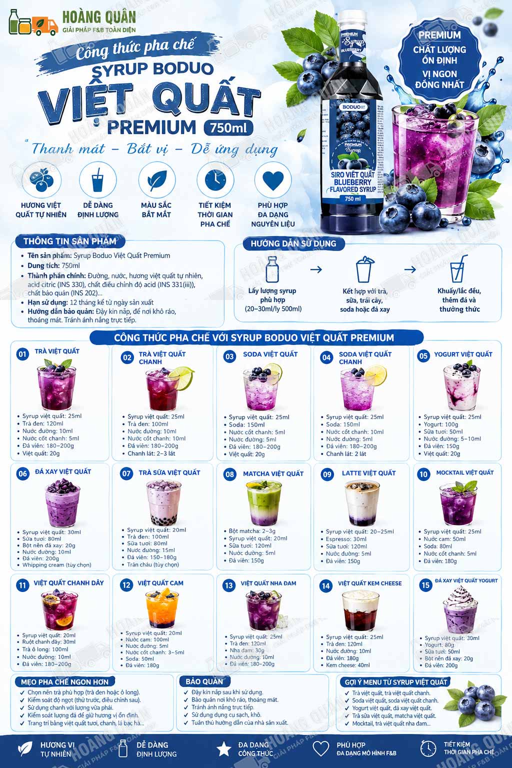 Công Thức Pha Chế Syrup Boduo Việt Quất Premium 750ml